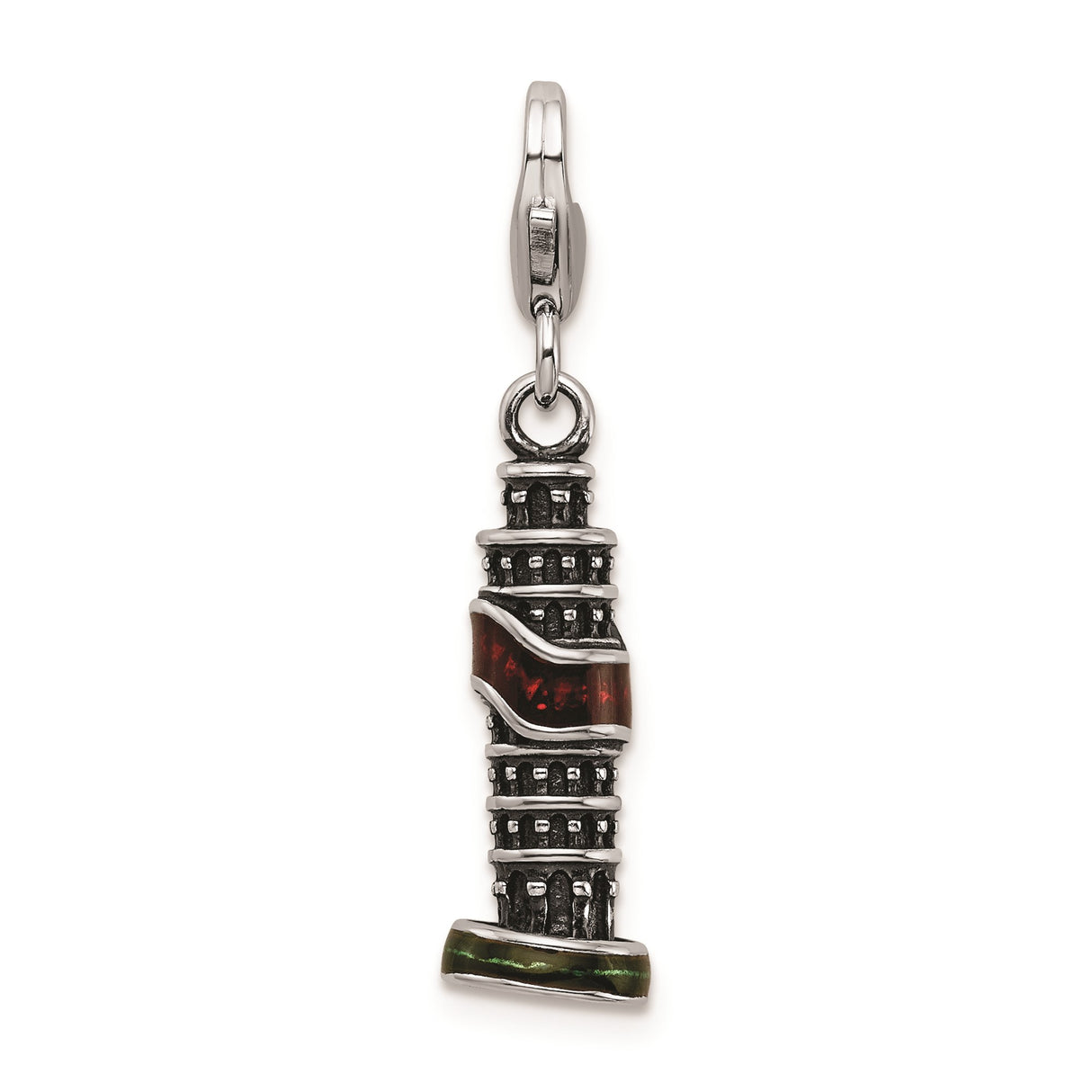 Sterling Silver Pendant with Leaning Tower of Pisa Design and Red and Green Enamel Accents