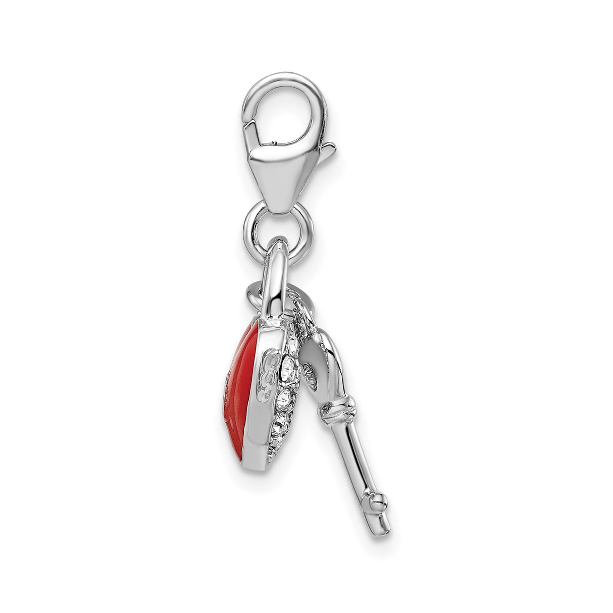 Sterling Silver Heart Lock and Key Pendant with Red Enamel and Wings, Crystal Accent