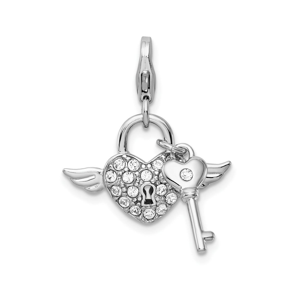 Sterling Silver Heart Lock and Key Pendant with Red Enamel and Wings, Crystal Accent