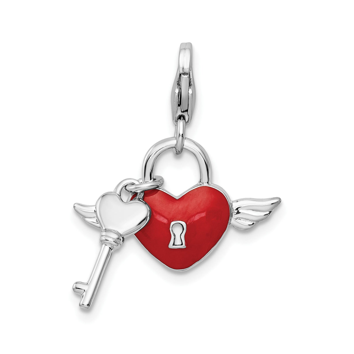 Sterling Silver Heart Lock and Key Pendant with Red Enamel and Wings, Crystal Accent
