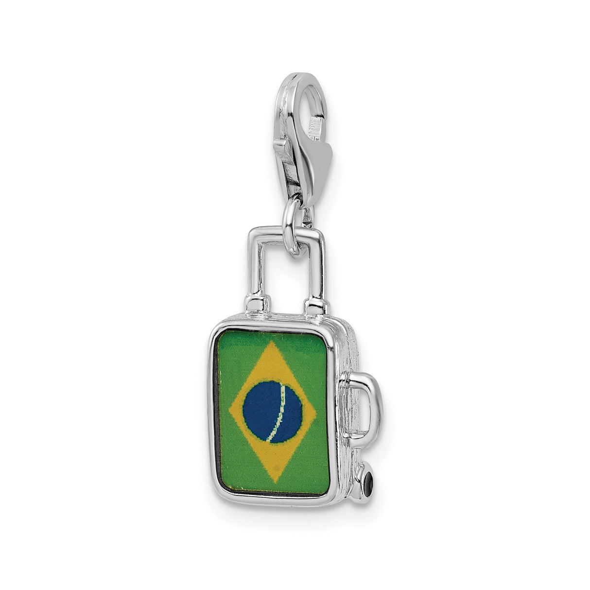 Sterling Silver Suitcase Charm Pendant, Brazil Flag Enamel, Travel Theme Jewelry for Women