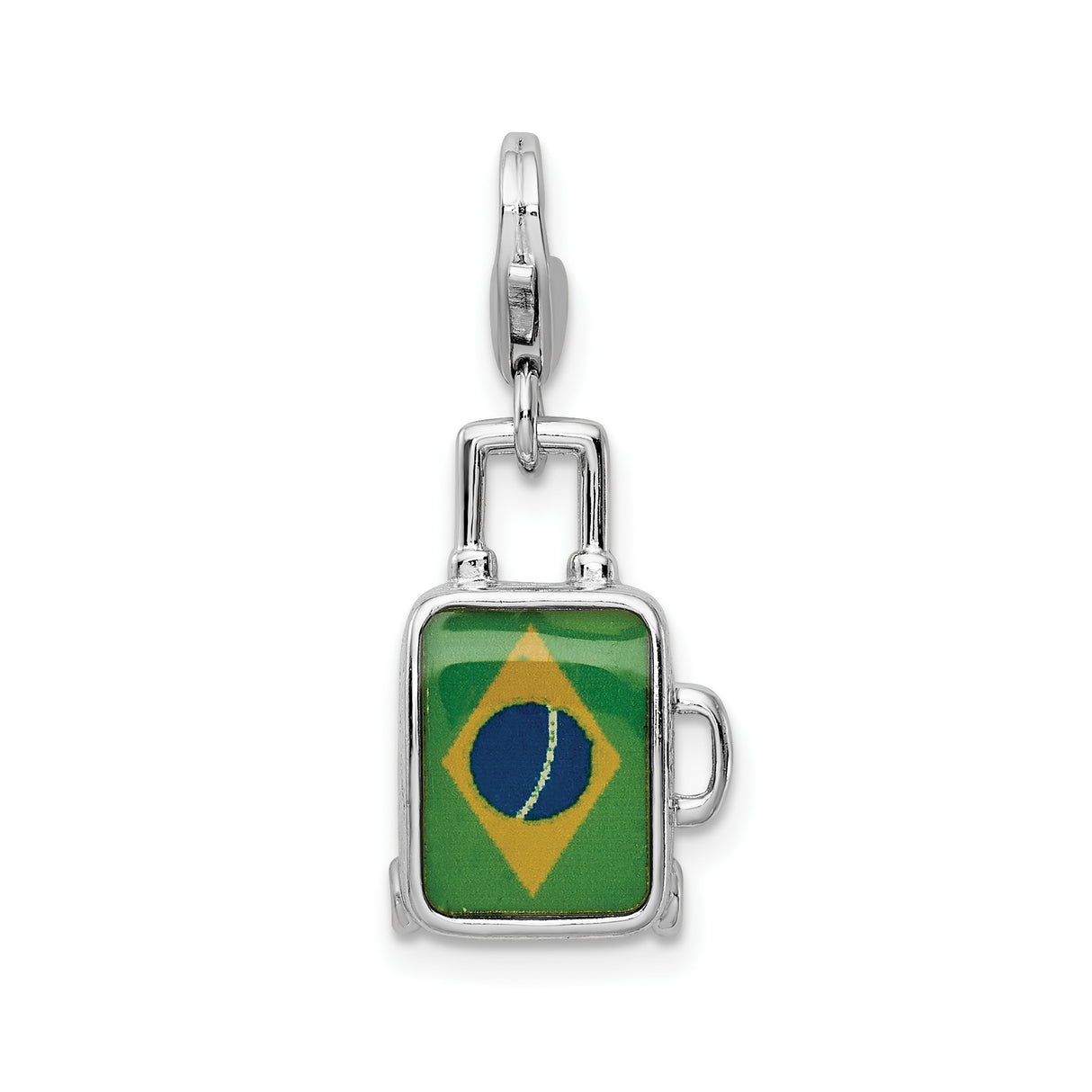 Sterling Silver Suitcase Charm Pendant, Brazil Flag Enamel, Travel Theme Jewelry for Women