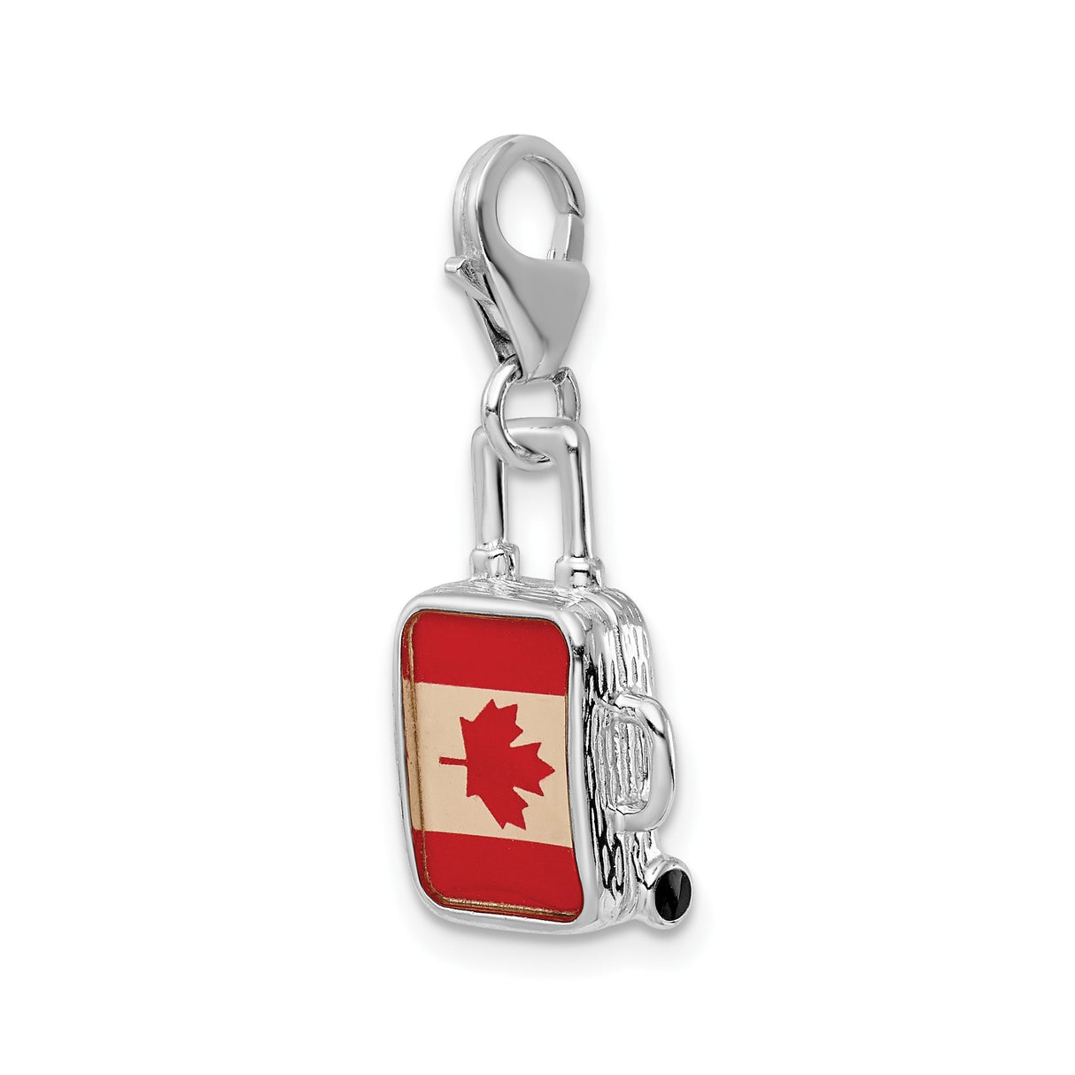 Sterling Silver Suitcase Charm Pendant with Canadian Flag and Maple Leaf Design, Travel Theme