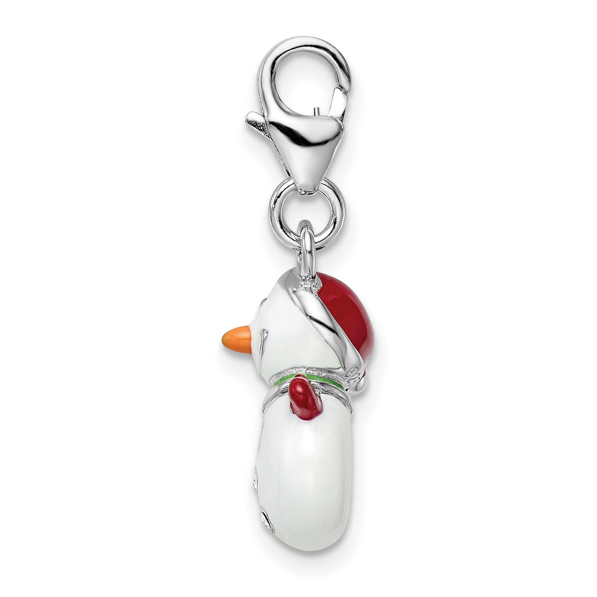 Sterling Silver Snowman Charm Pendant with Enamel and Cubic Zirconia Holiday Detail