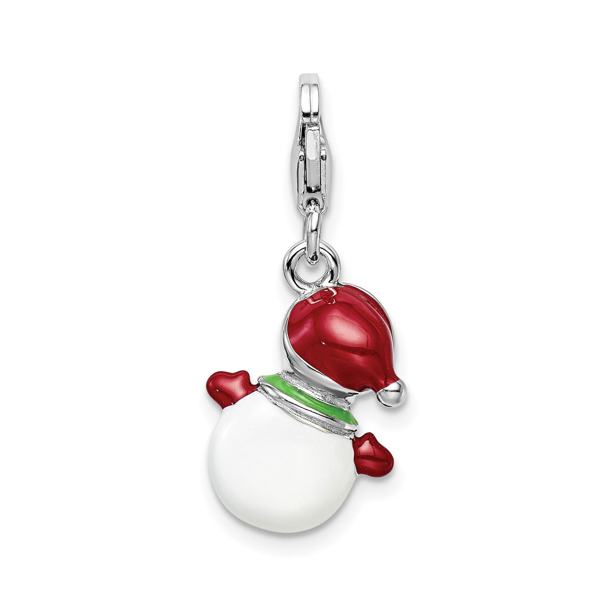 Sterling Silver Snowman Charm Pendant with Enamel and Cubic Zirconia Holiday Detail