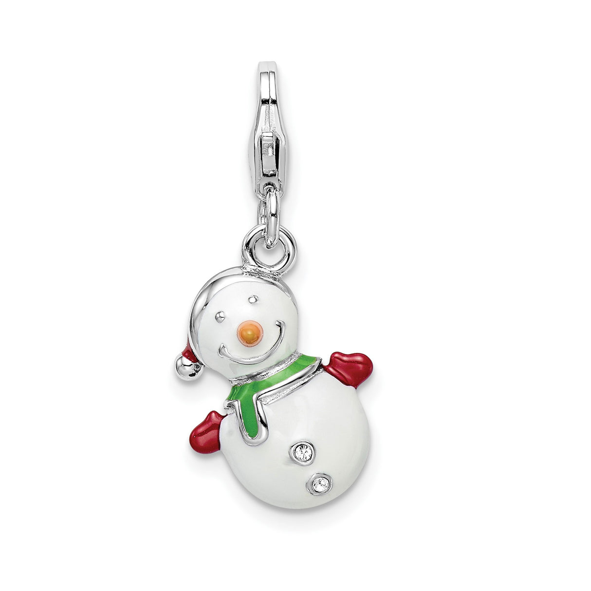 Sterling Silver Snowman Charm Pendant with Enamel and Cubic Zirconia Holiday Detail