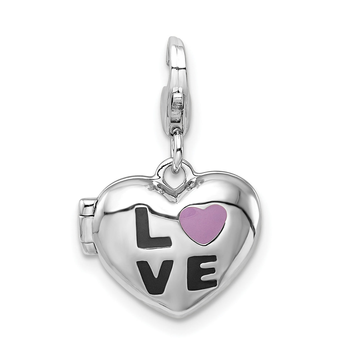Sterling Silver Heart-Shaped Locket Charm with Purple Accent, Romantic Pendant for Women