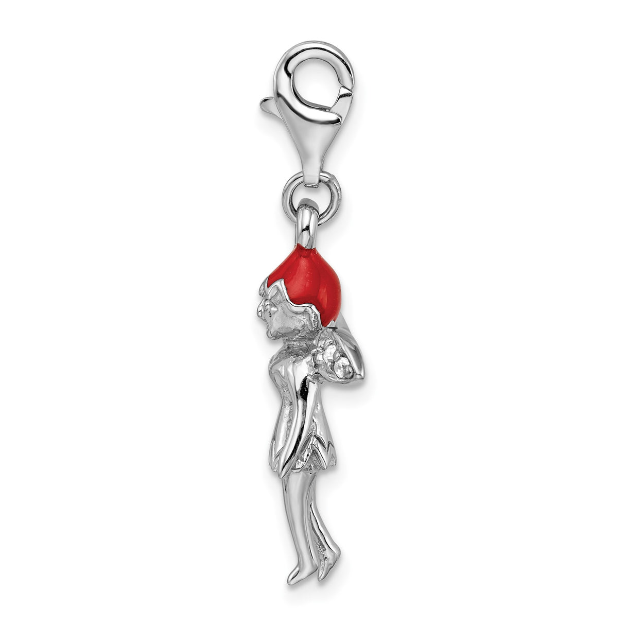 Sterling Silver Fairy Pendant Charm with Cubic Zirconia, Red Hat, Whimsical Christmas Theme