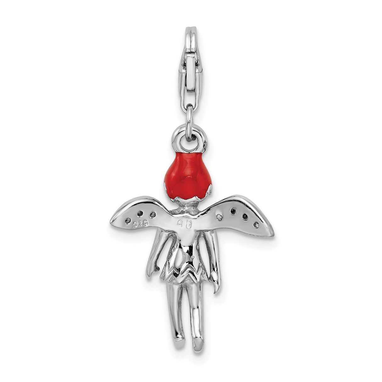 Sterling Silver Fairy Pendant Charm with Cubic Zirconia, Red Hat, Whimsical Christmas Theme