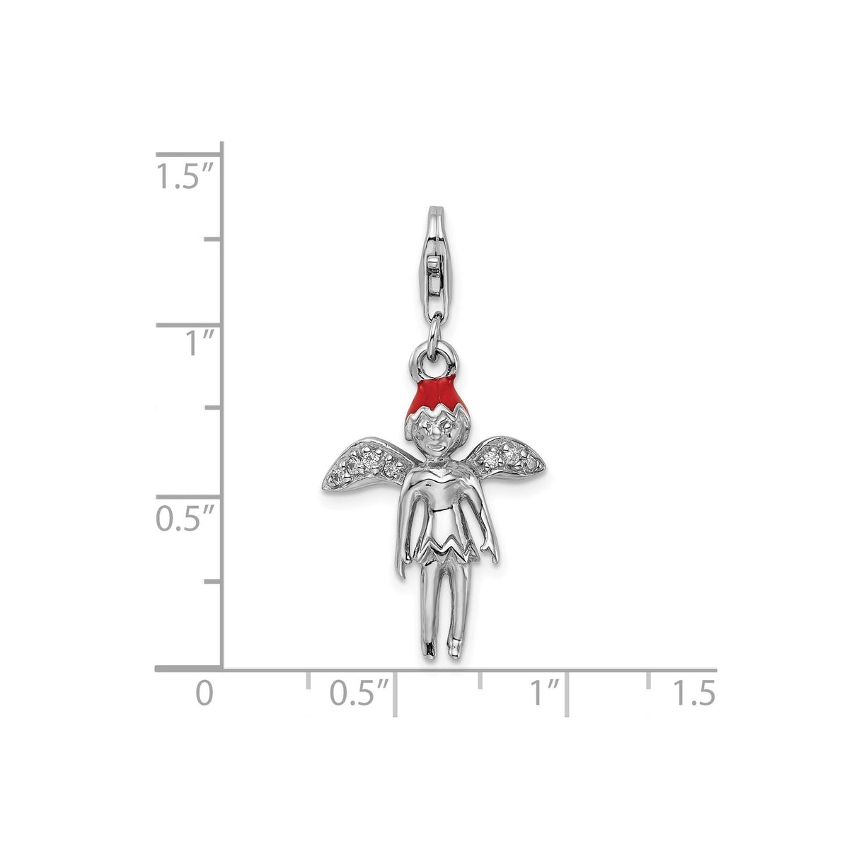 Sterling Silver Fairy Pendant Charm with Cubic Zirconia, Red Hat, Whimsical Christmas Theme