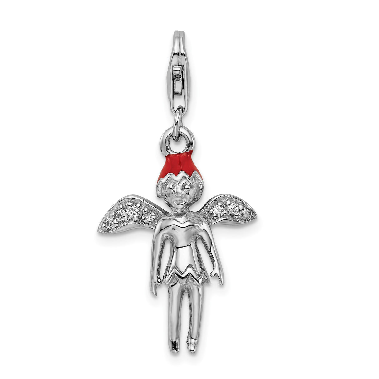 Sterling Silver Fairy Pendant Charm with Cubic Zirconia, Red Hat, Whimsical Christmas Theme