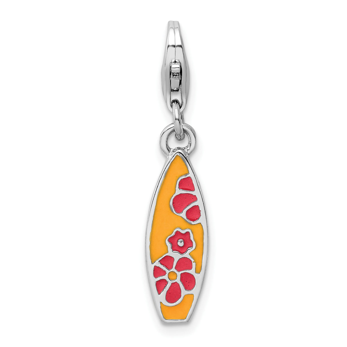 Sterling Silver Surfboard Charm with Orange Red Enamel Hibiscus Flower Design