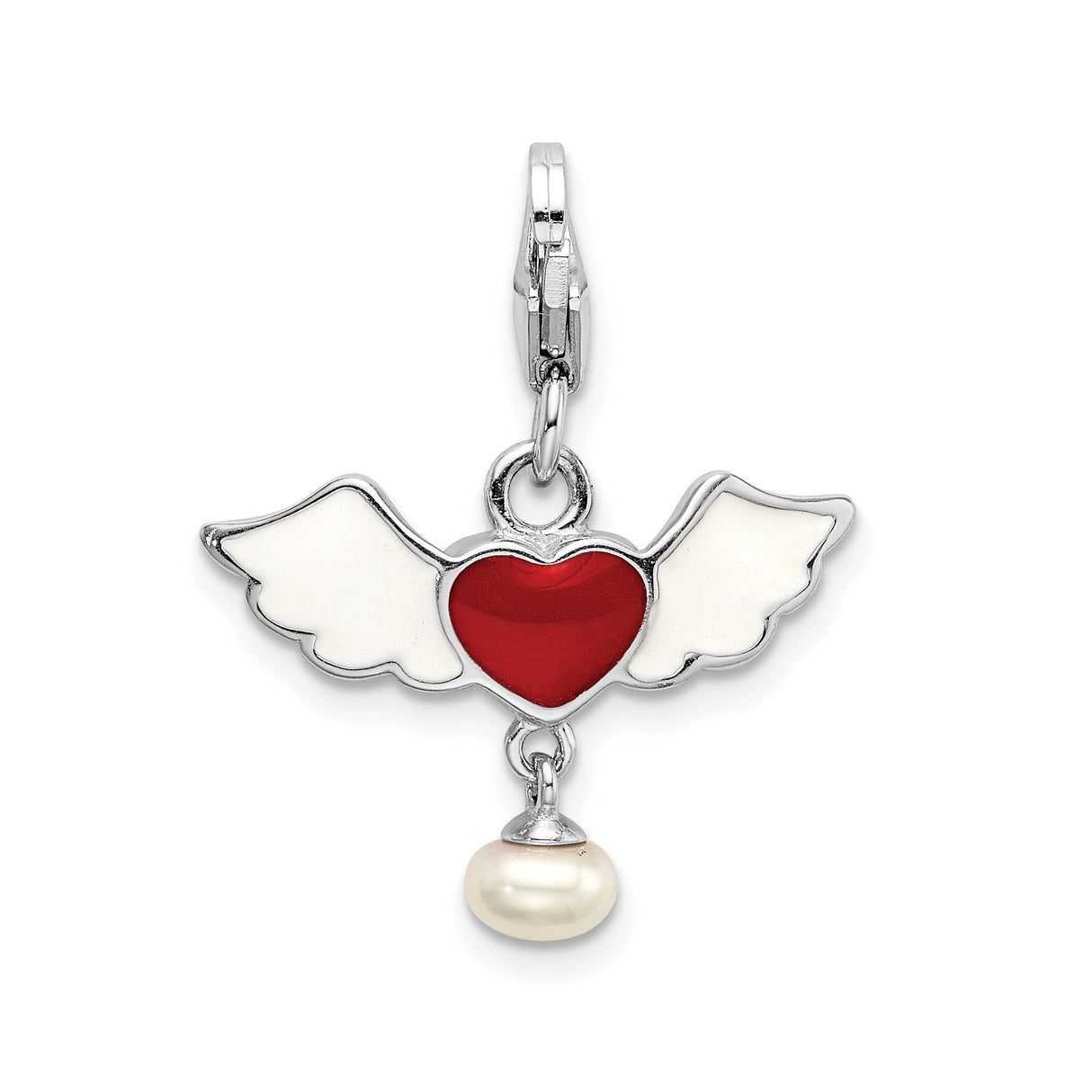 Sterling Silver Charm Pendant with Pearl, Red Enamel Heart, and Angel Wings