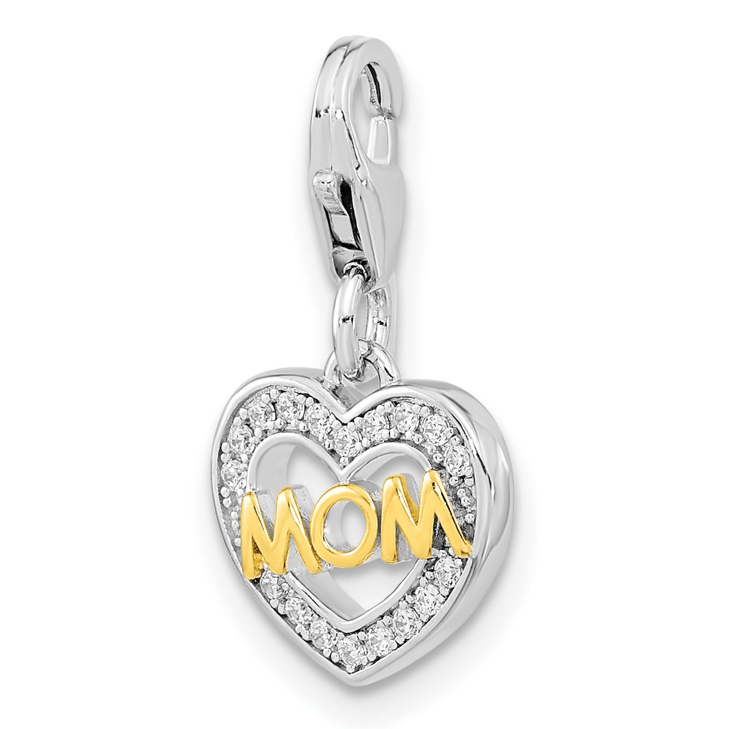 Gold Plated Polished CZ MOM Heart with Fancy Lobster Clasp Charm Pendant in Real 925 Sterling SIlver