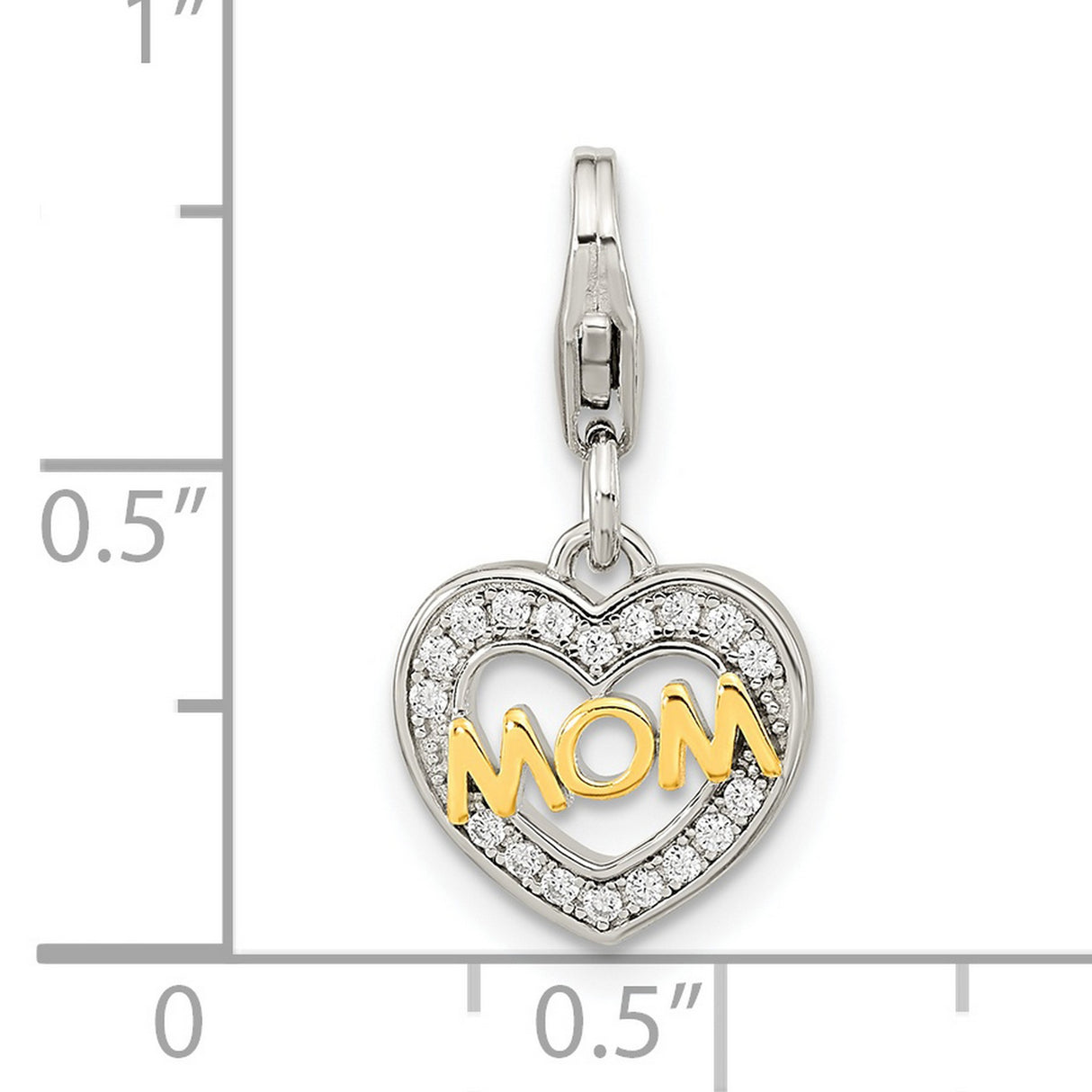 Gold Plated Polished CZ MOM Heart with Fancy Lobster Clasp Charm Pendant in Real 925 Sterling SIlver