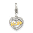 Gold Plated Polished CZ MOM Heart with Fancy Lobster Clasp Charm Pendant in Real 925 Sterling SIlver