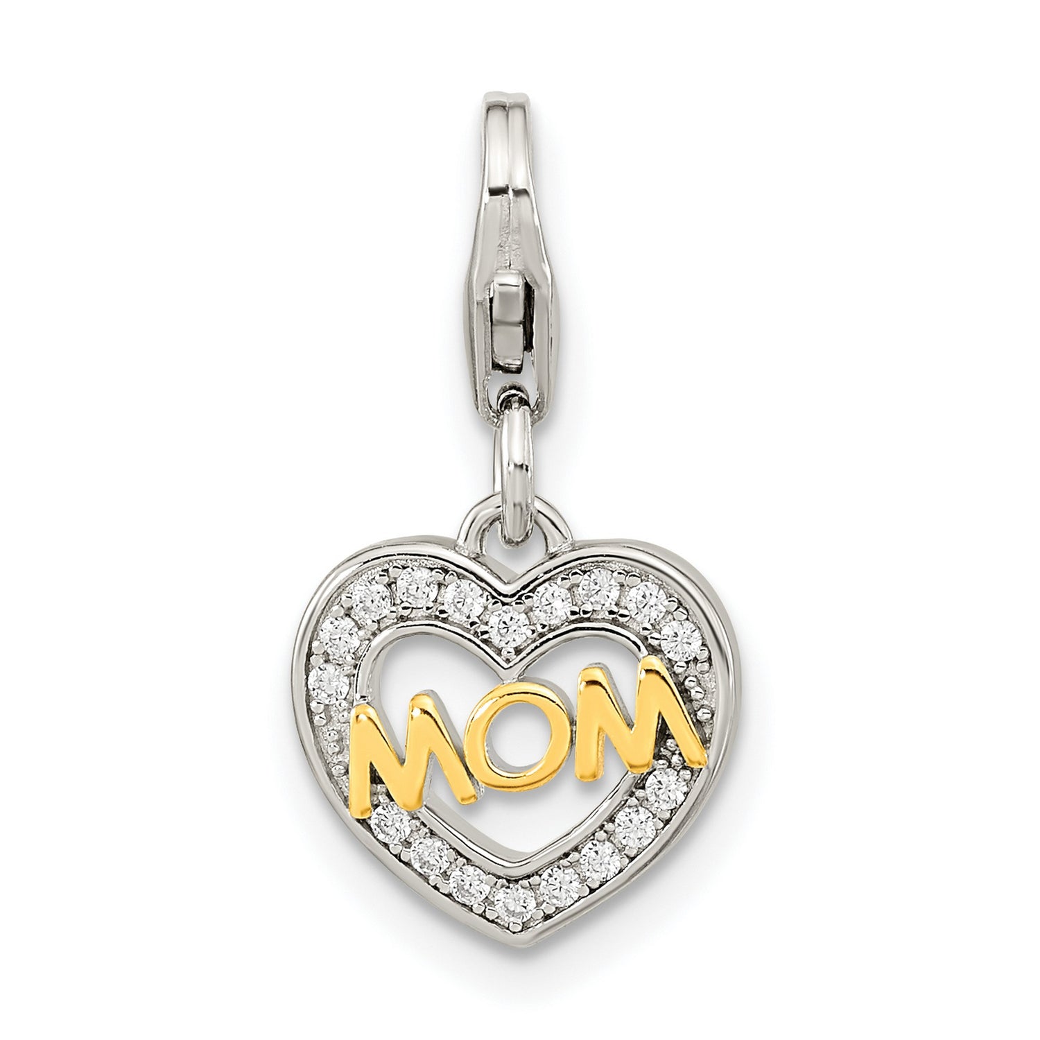 Gold Plated Polished CZ MOM Heart with Fancy Lobster Clasp Charm Pendant in Real 925 Sterling SIlver
