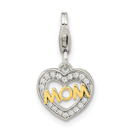 Gold Plated Polished CZ MOM Heart with Fancy Lobster Clasp Charm Pendant in Real 925 Sterling SIlver