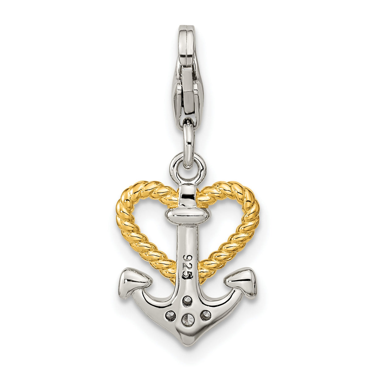 CZ Heart and Anchor with Fancy Lobster Clasp Charm Pendant in Real 925 Sterling SIlver
