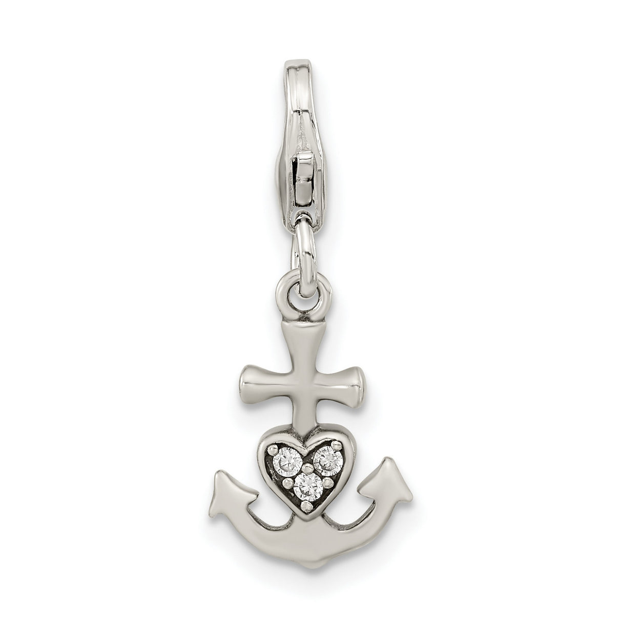 Sterling Silver Charm Pendant with Cubic Zirconia, Anchor Heart and Cross, Faith Hope Love Theme