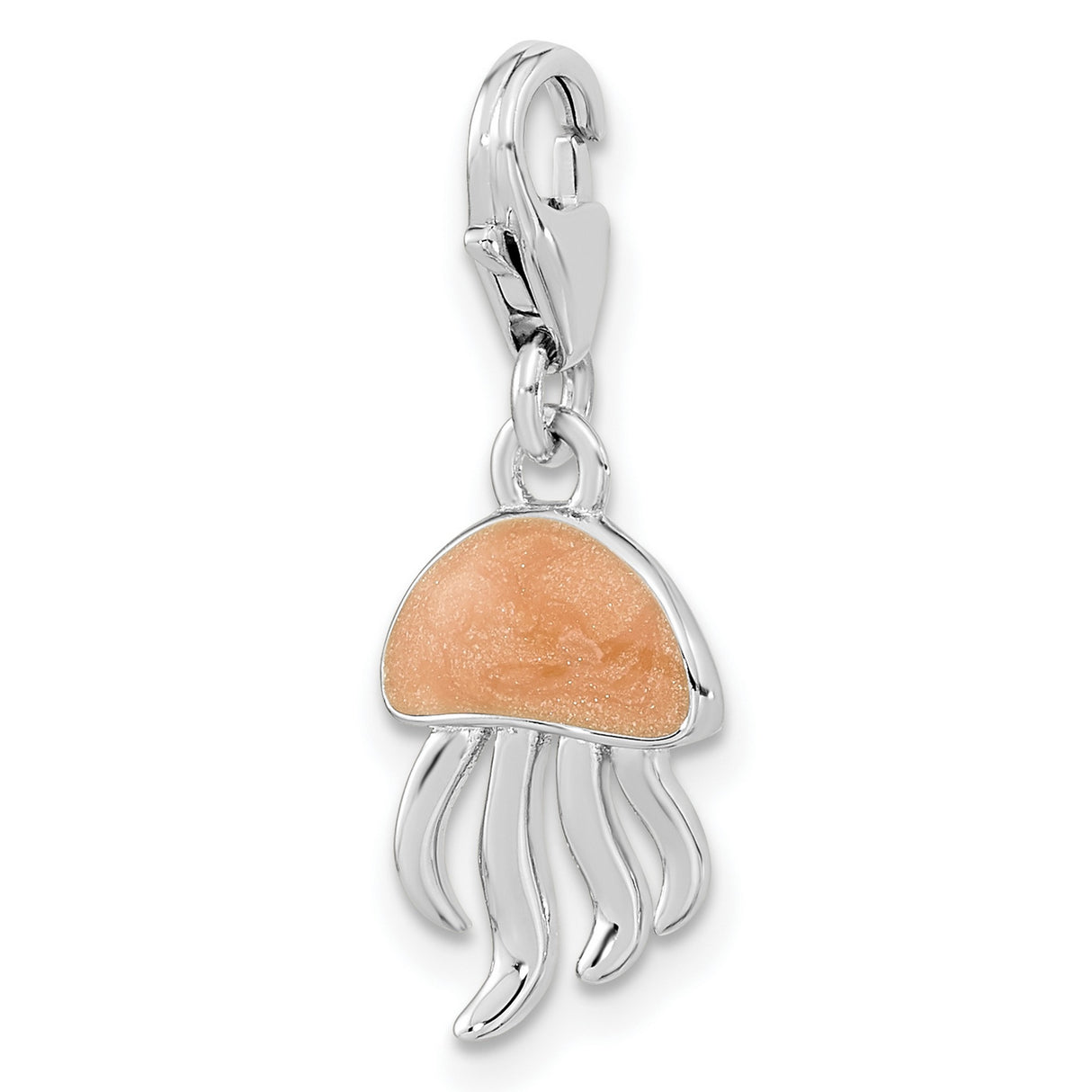 Sterling Silver Jellyfish Charm with Orange Enamel and Detailed Tentacles, Nautical Theme