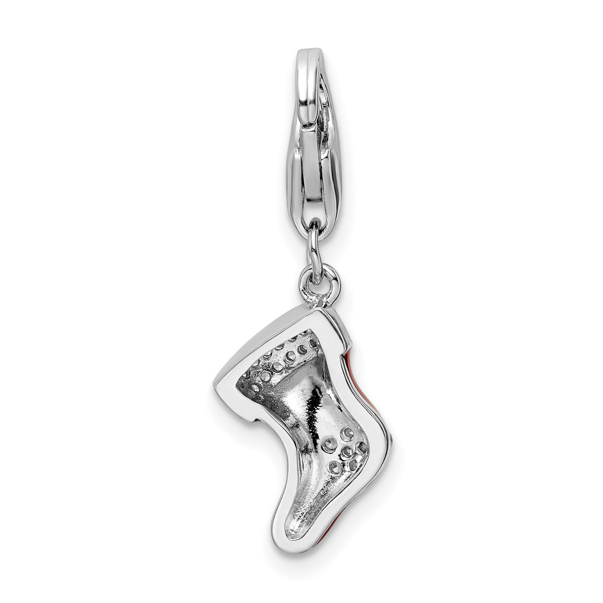 Sterling Silver Christmas Stocking Charm Pendant with Cubic Zirconia and Red Enamel