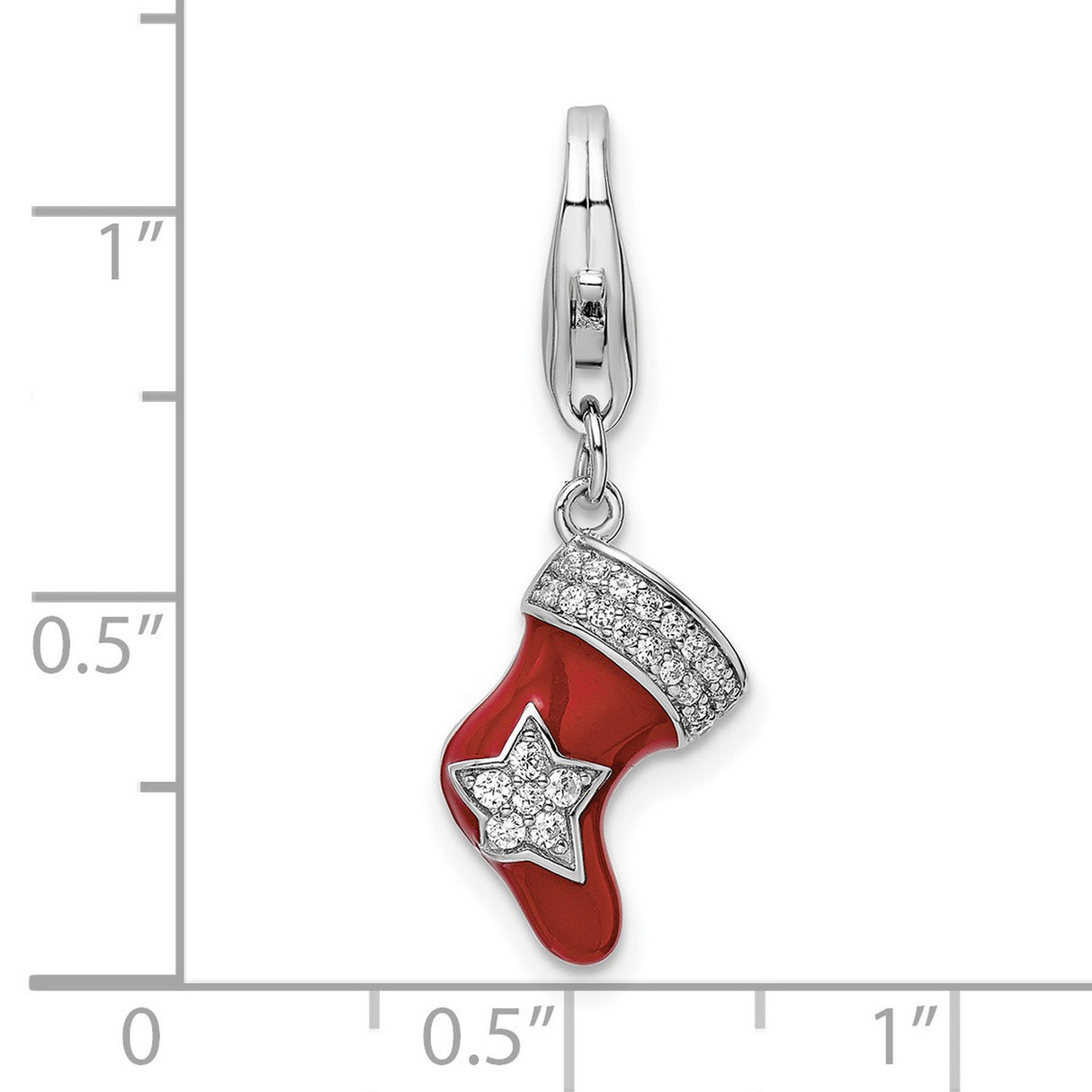 Sterling Silver Christmas Stocking Charm Pendant with Cubic Zirconia and Red Enamel