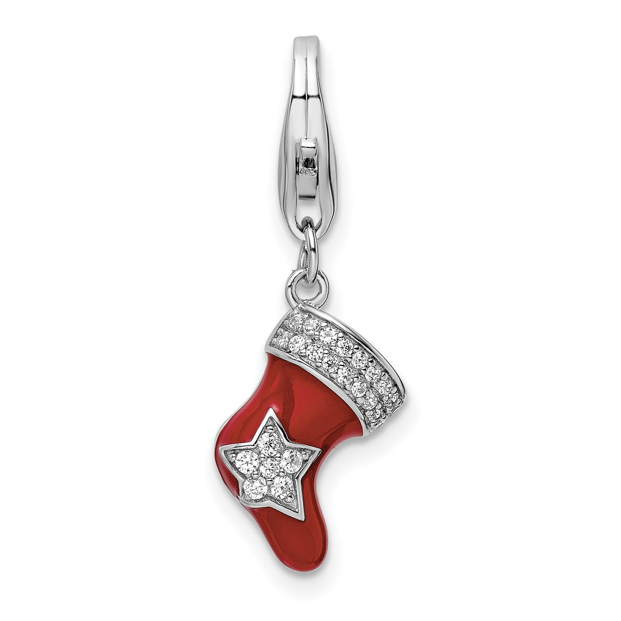 Sterling Silver Christmas Stocking Charm Pendant with Cubic Zirconia and Red Enamel