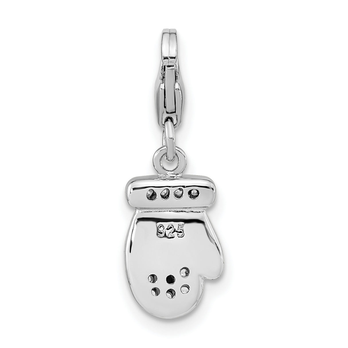 Sterling Silver Mitten Charm Pendant with Cubic Zirconia, Red and Green Enamel, Holiday Theme