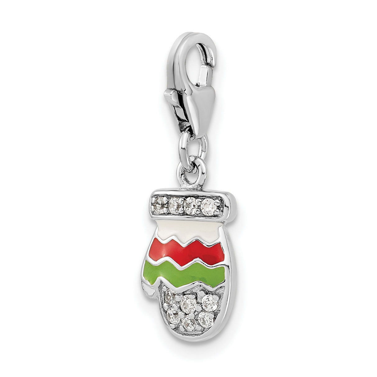 Sterling Silver Mitten Charm Pendant with Cubic Zirconia, Red and Green Enamel, Holiday Theme