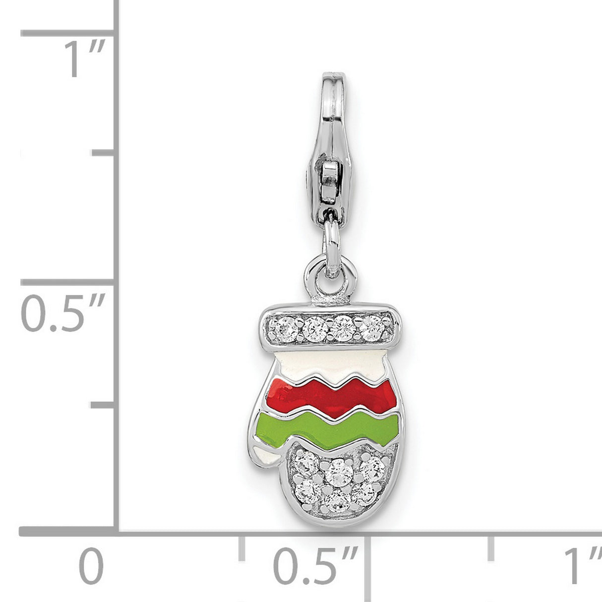 Sterling Silver Mitten Charm Pendant with Cubic Zirconia, Red and Green Enamel, Holiday Theme