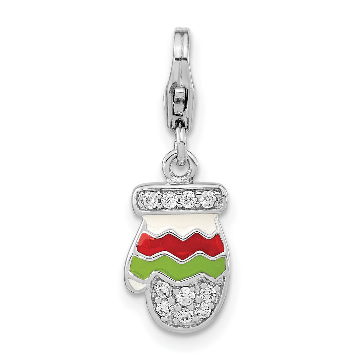 Sterling Silver Mitten Charm Pendant with Cubic Zirconia, Red and Green Enamel, Holiday Theme