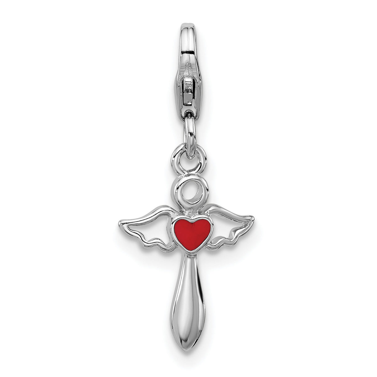 Sterling Silver Angel Pendant with Red Heart and Outstretched Wings