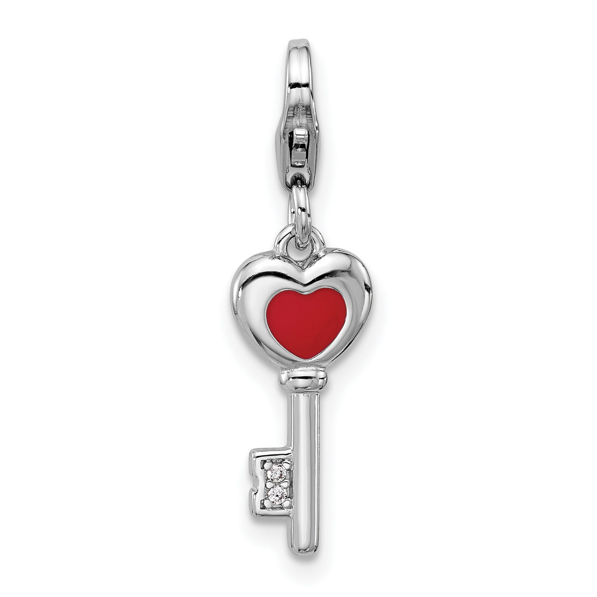 Sterling Silver Heart Key Pendant with Cubic Zirconia and Red Enamel, Romantic Charm for Women
