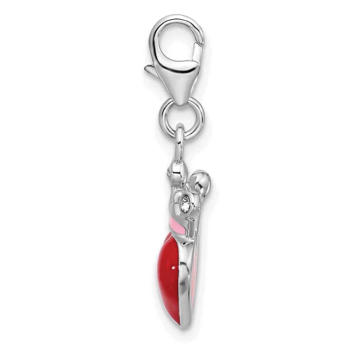 Sterling Silver Heart Charm with Red Enamel, Pink Crown Detail, and Crystal Accents