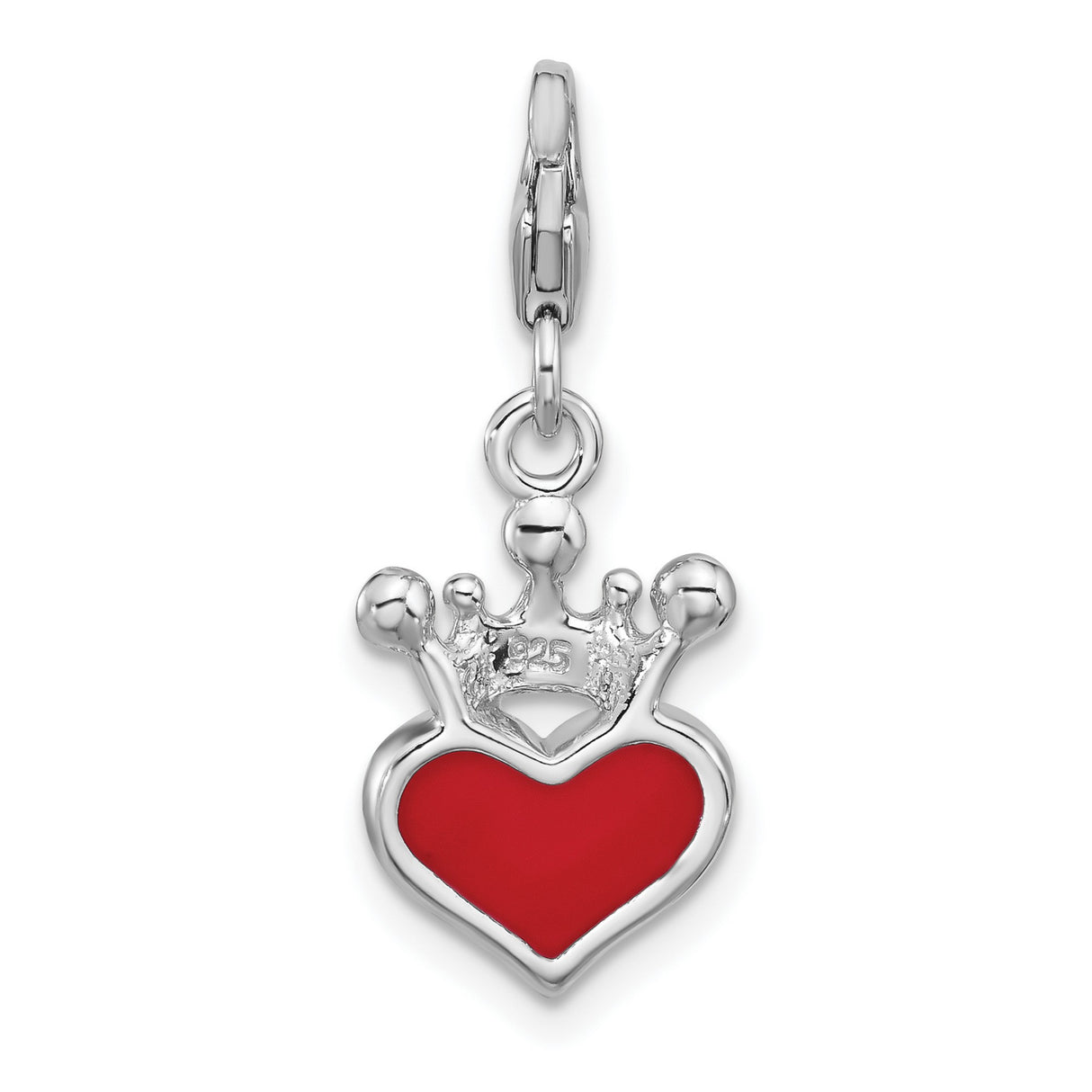 Sterling Silver Heart Charm with Red Enamel, Pink Crown Detail, and Crystal Accents