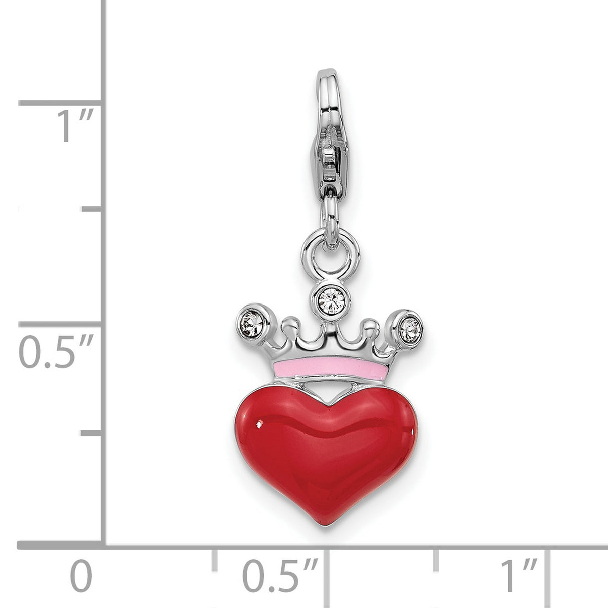 Sterling Silver Heart Charm with Red Enamel, Pink Crown Detail, and Crystal Accents