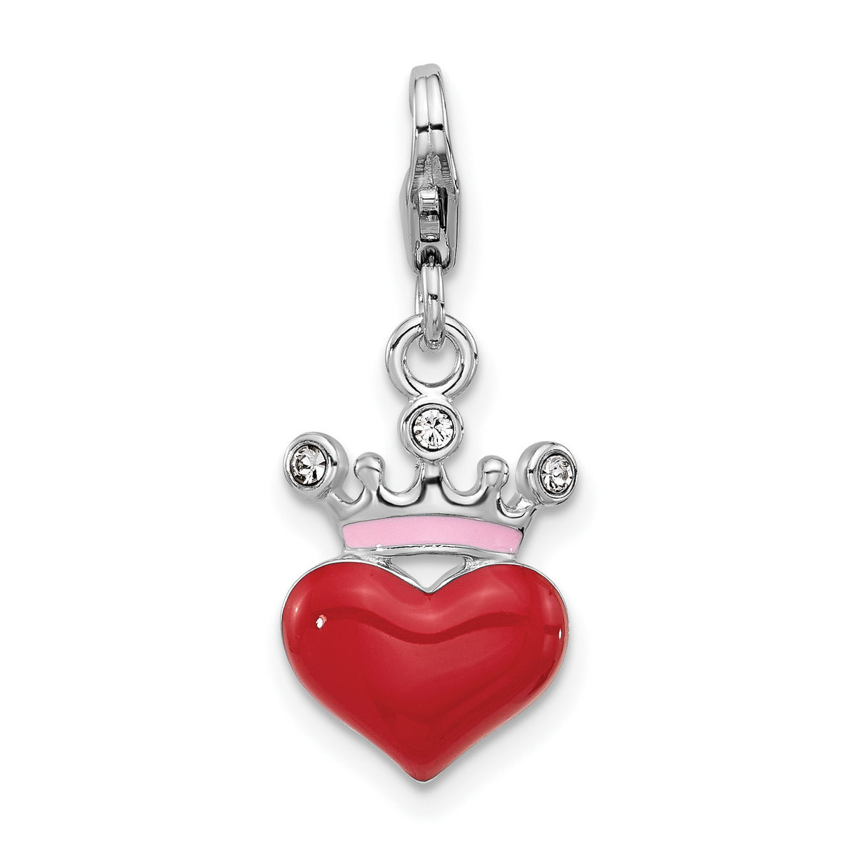 Sterling Silver Heart Charm with Red Enamel, Pink Crown Detail, and Crystal Accents