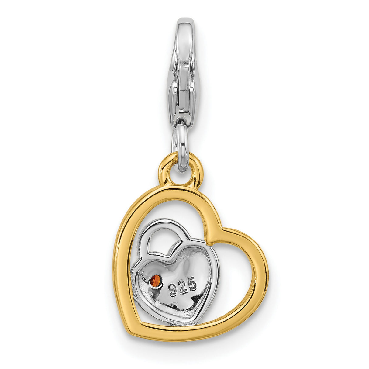 Sterling Silver and 14k Gold Plated Heart Charm with Cubic Zirconia, LOVE Lock Design