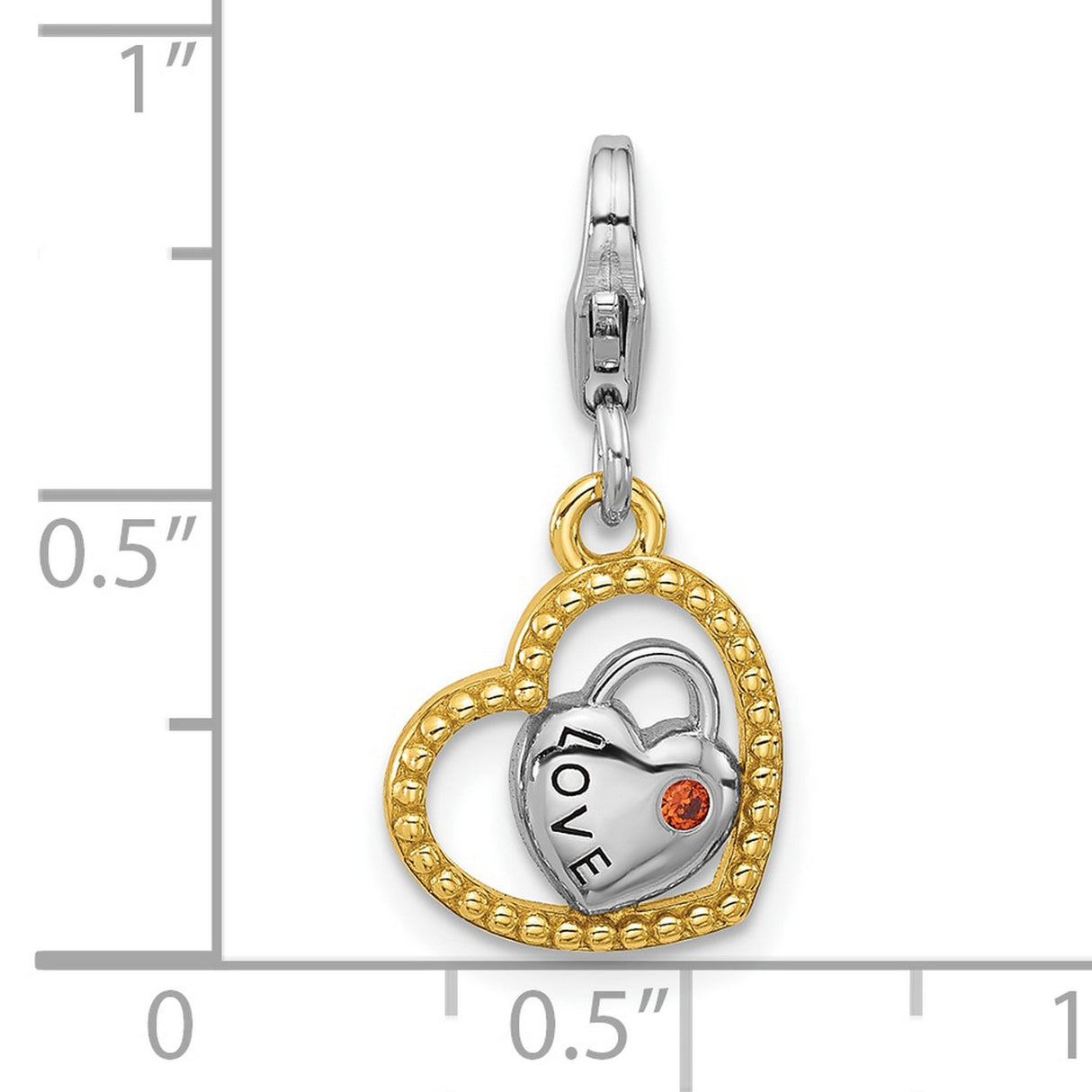 Sterling Silver and 14k Gold Plated Heart Charm with Cubic Zirconia, LOVE Lock Design
