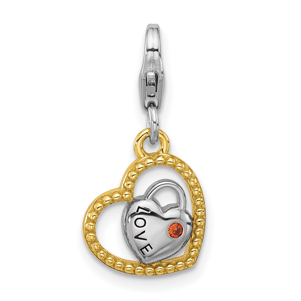 Sterling Silver and 14k Gold Plated Heart Charm with Cubic Zirconia, LOVE Lock Design