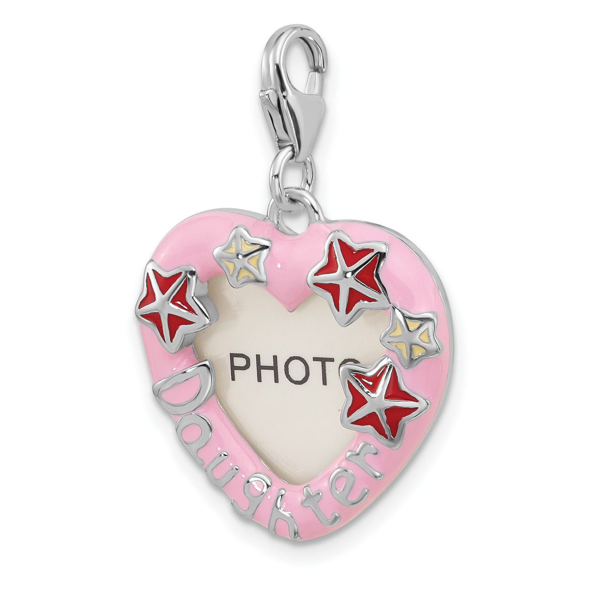 Sterling Silver Heart-Shaped Photo Charm Pendant with Pink Enamel and Stars Design