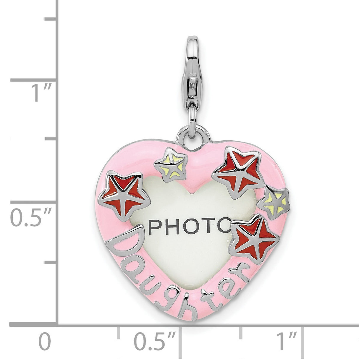 Sterling Silver Heart-Shaped Photo Charm Pendant with Pink Enamel and Stars Design