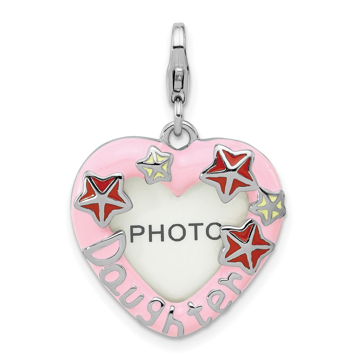 Sterling Silver Heart-Shaped Photo Charm Pendant with Pink Enamel and Stars Design