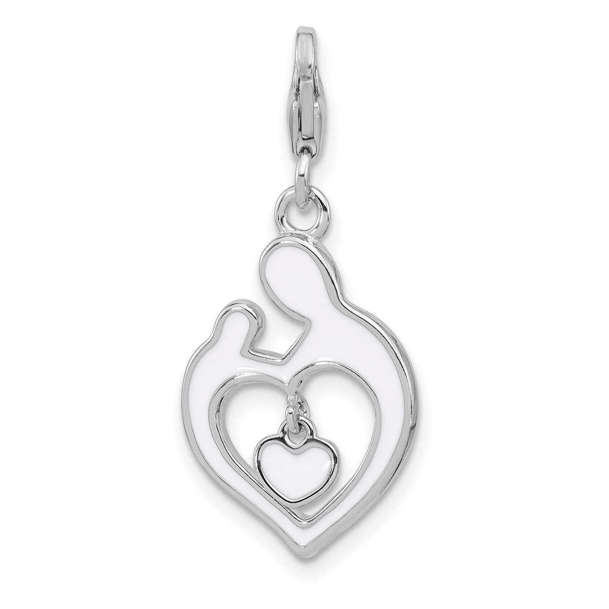 Sterling Silver Heart Pendant with Mother and Design, Red Enamel Accent