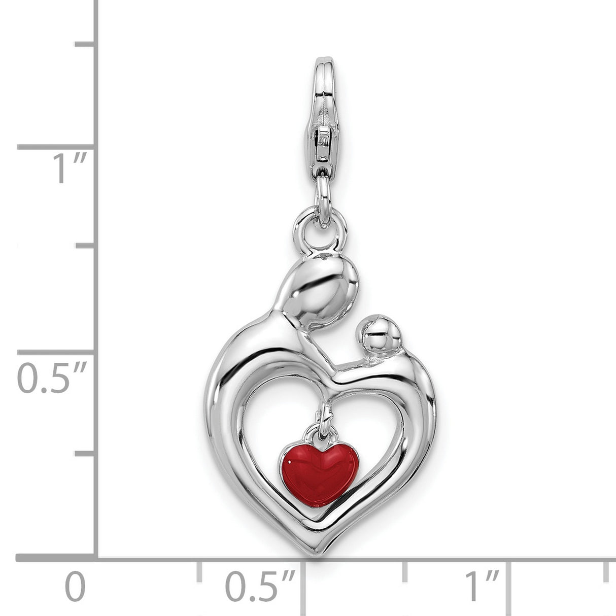 Sterling Silver Heart Pendant with Mother and Design, Red Enamel Accent