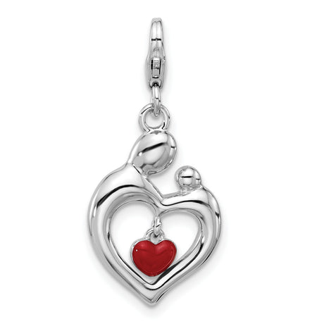 Sterling Silver Heart Pendant with Mother and Design, Red Enamel Accent