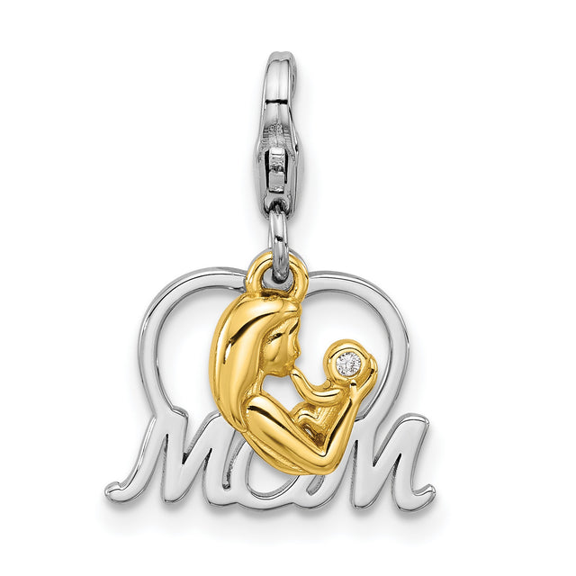 Sterling Silver Pendant with Cubic Zirconia, Mom and Baby Heart Design, Sentimental Jewelry for Women