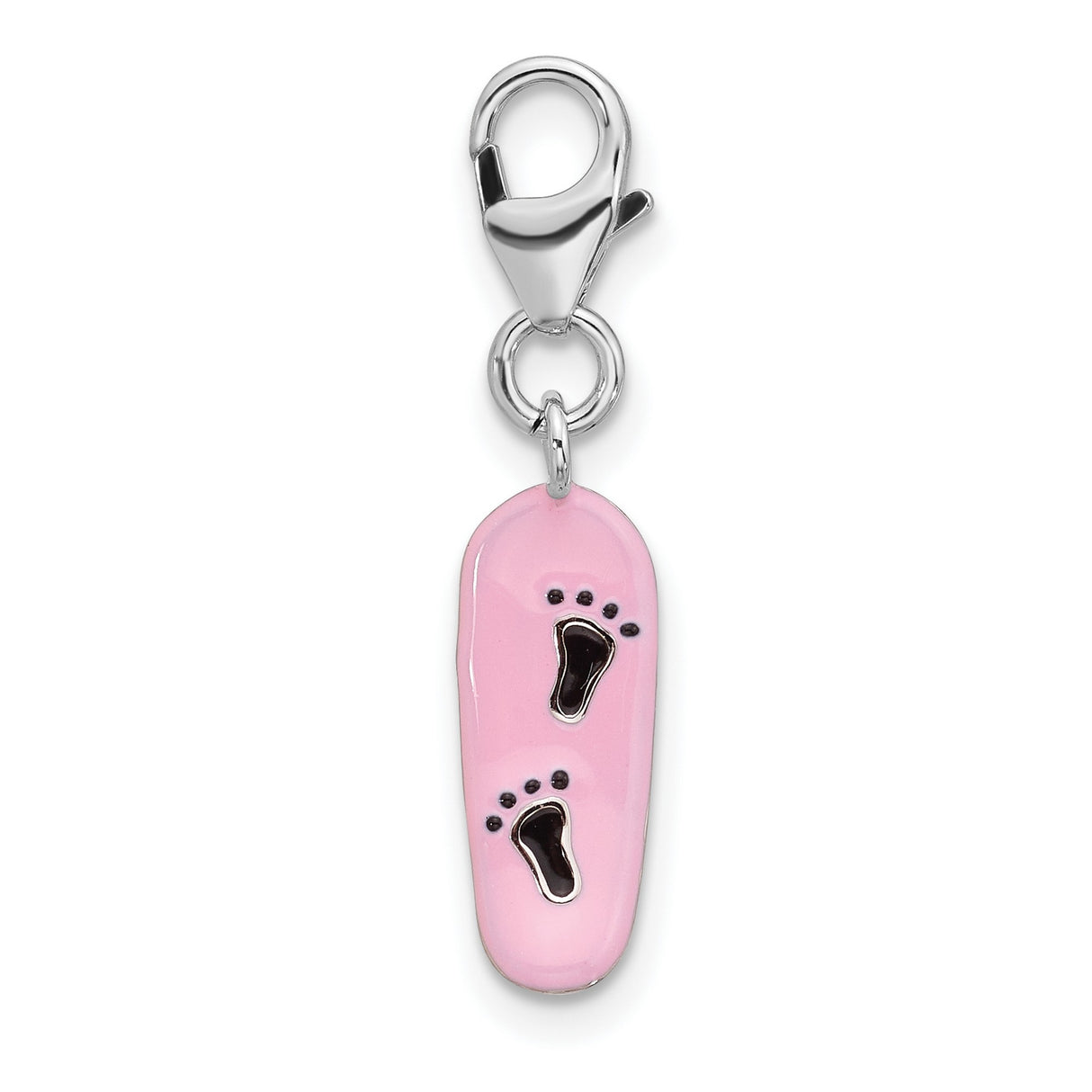 Sterling Silver Skateboard Charm with Pink Enamel and Black Footprints, Lobster Clasp Pendant