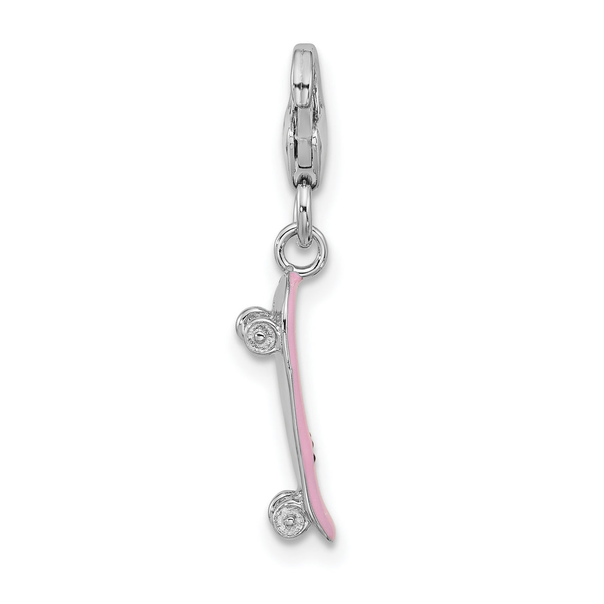 Sterling Silver Skateboard Charm with Pink Enamel and Black Footprints, Lobster Clasp Pendant